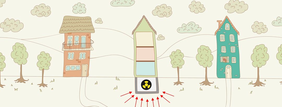 3 houses, the middle house has a hazardous waste symbol under it with arrows pointing at it