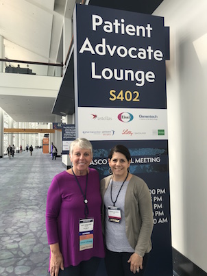 An image of the author, Dusty Donaldson, with Jeannine Salamone, ASCO’s Director of Patient Advocacy at the conference.