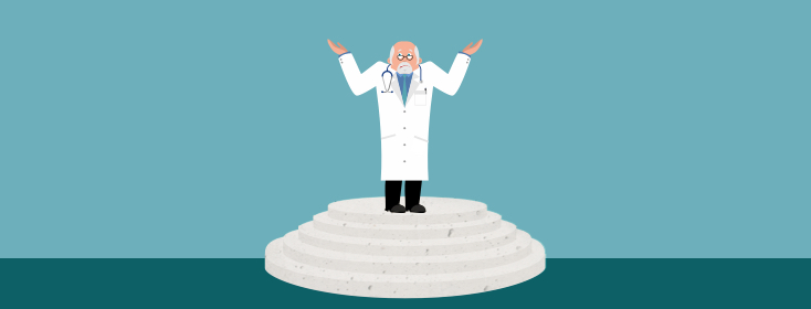 a doctor shrugging in confusion while standing on a pedestal