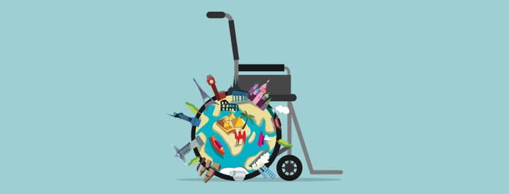 a wheelchair with a globe for a wheel showing popular travel destinations