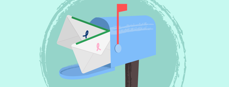 Registered letters in a mail box with cancer ribbons on the envelopes