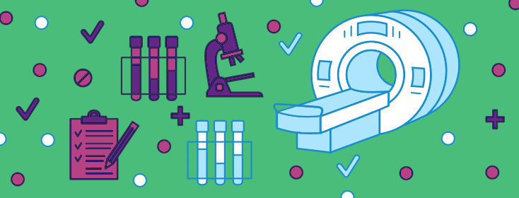 images of research tools, microscrope, MRI, test tubes, notes