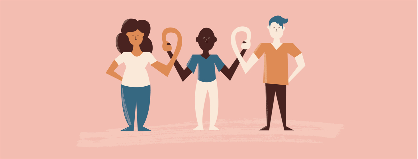 Three people hold hands with heart shaped looped arms between them.