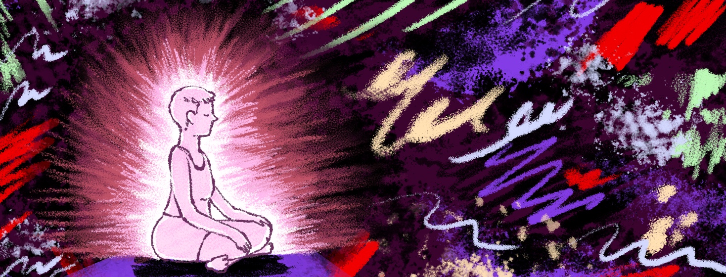 A person sits with their eyes closed, focused on their body and being at peace despite the chaos of the world surrounding them.