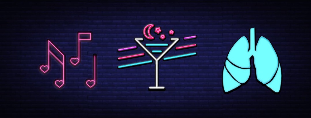 Three neon bar signs showing karaoke, cocktails, and lungs