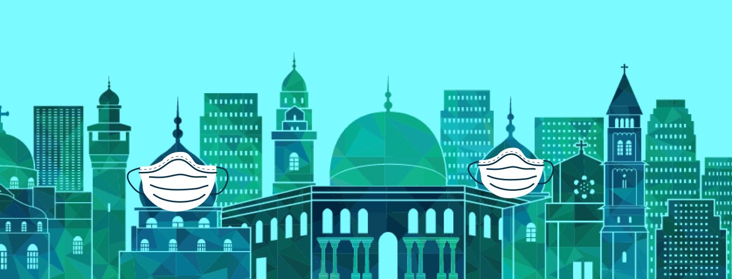 Buildings in the city of Jerusalem with a face mask covering a dome roof.