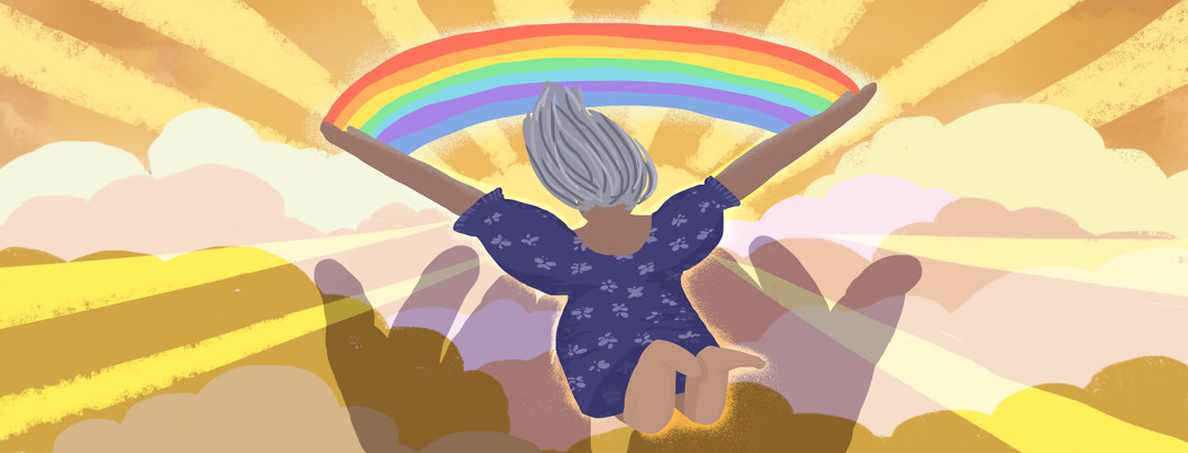 Woman jumps from above the clouds with a rainbow between her hands. Beams of sunlight shine through the clouds, and a large pair of hands support her from below.