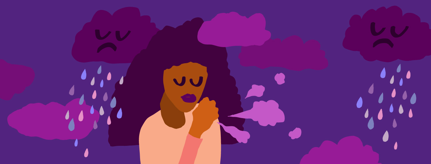 A woman with her eyes closed surrounded by little clouds of cough puffs.