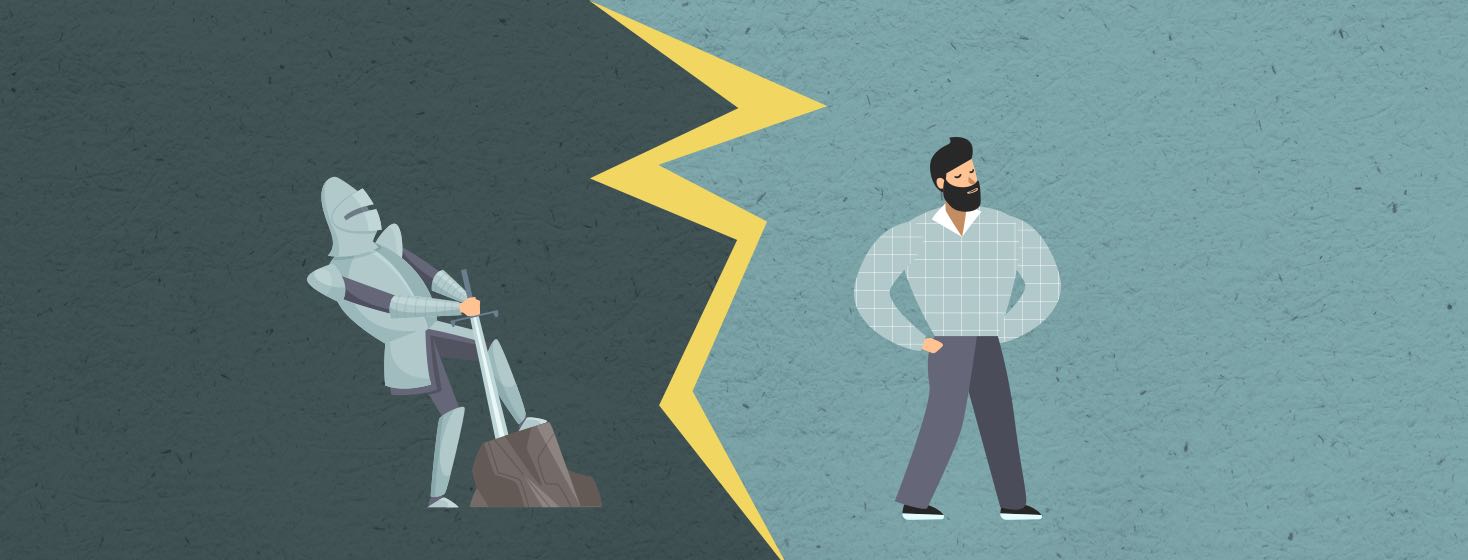 A knight struggles to pull a sword from a stone, while a man stands opposite him in casual clothes.