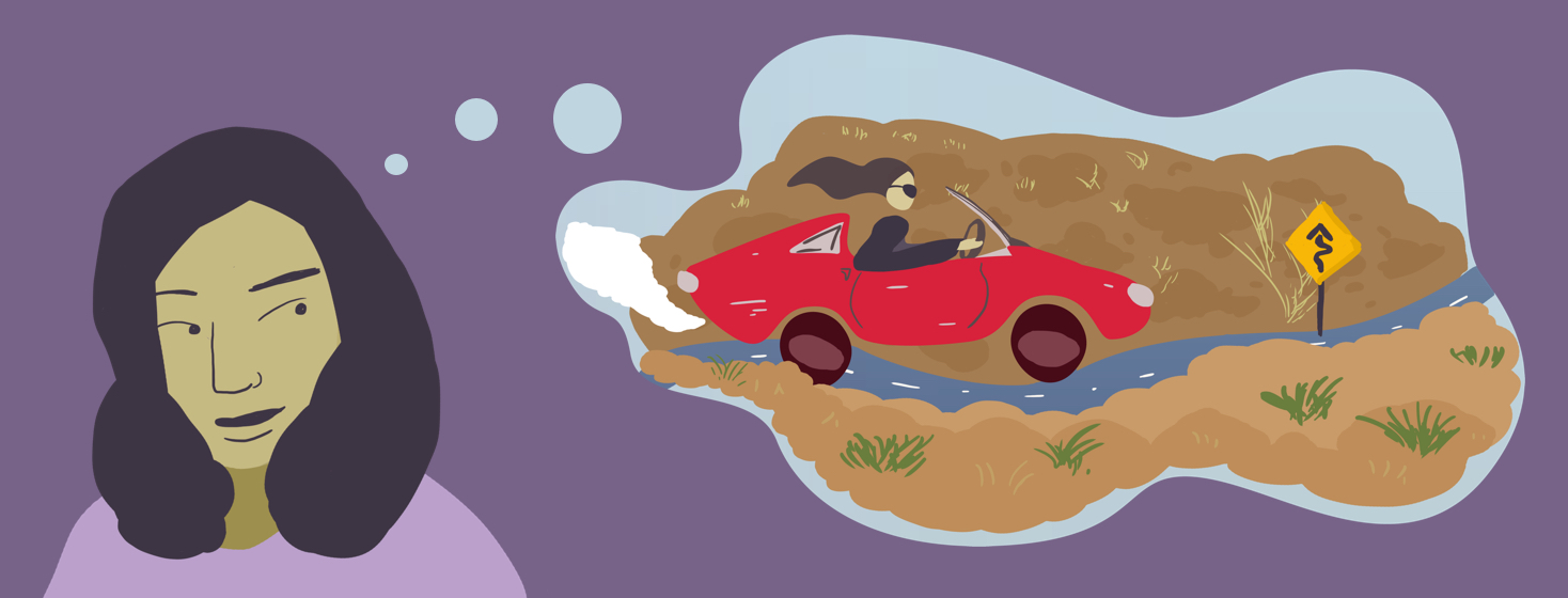 A woman with a thought bubble, thinking ahead to the future and planning to travel.