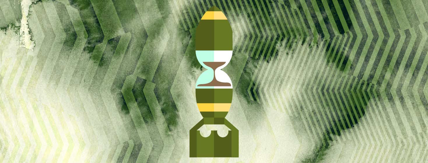 A standard military bomb with an hourglass sand timer inside.