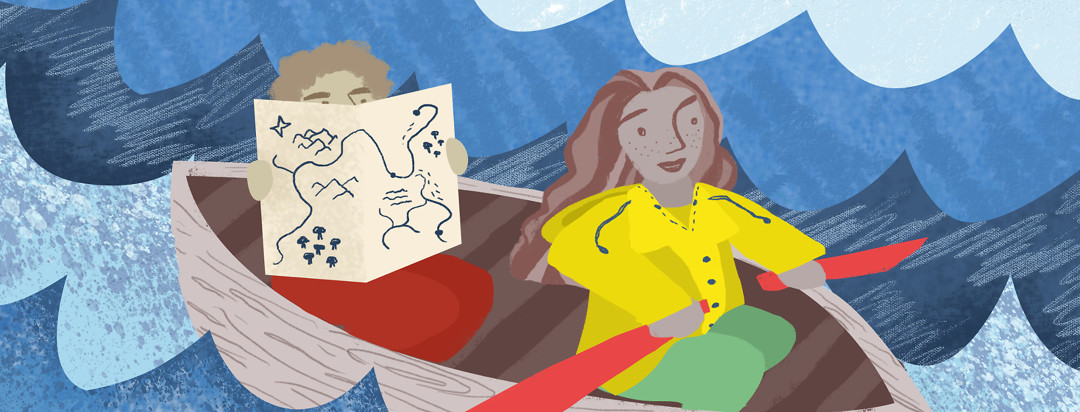 Person in a yellow raincoat rows through water in a sailboat while her patient, behind her, reads a map.
