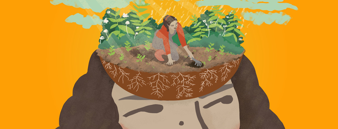 Top of woman's head is shown as a person tending a garden. Turquoise clouds, rain, and sunshine hover over the garden against a marigold background.