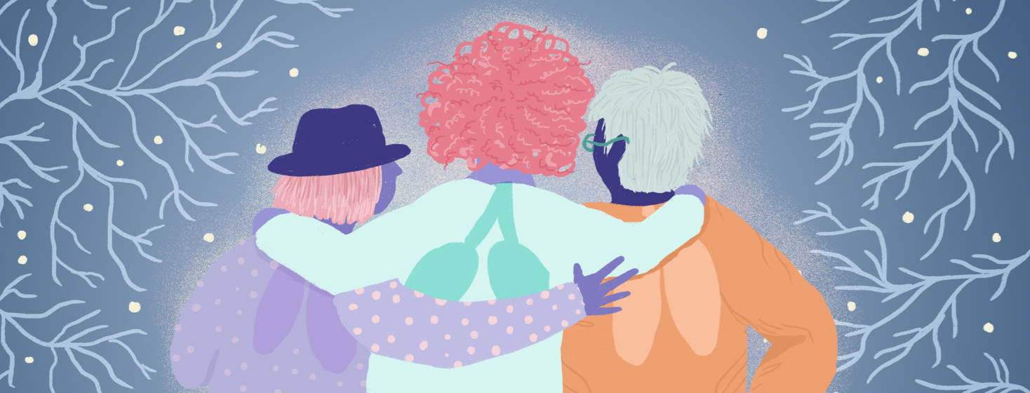 Three people with their arms around each other and their lungs highlighted look out into the distance through a clearing between bronchial patterns on either side of them.