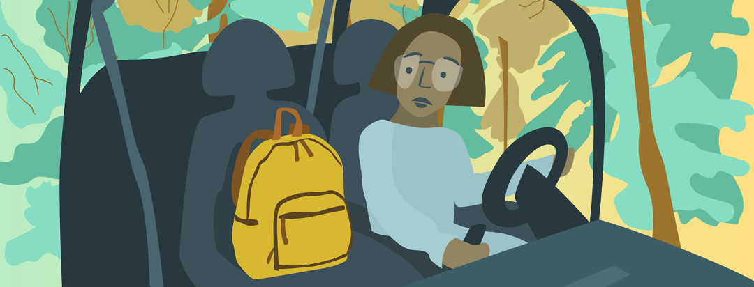 Woman sits in car with a yellow backpack in the front seat next to her. Green and yellow trees surround the car.
