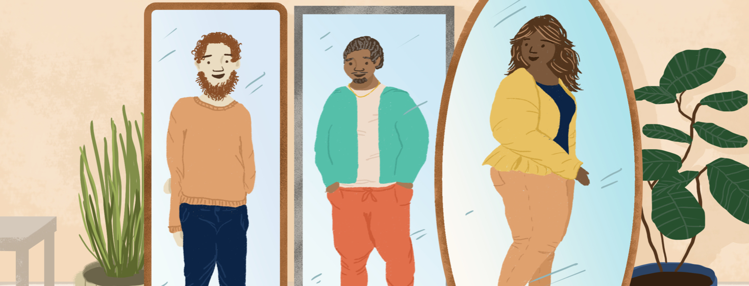 Two men and one woman of varying body shapes stand in front of mirrors; houseplants are in the background.