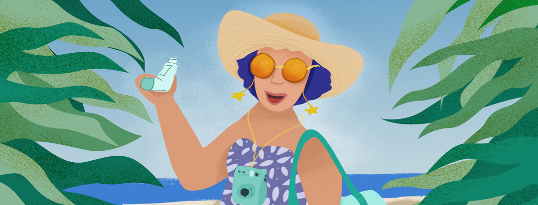 Woman with sunglasses and a beach hat holds up her inhaler in front of palm trees and a beach