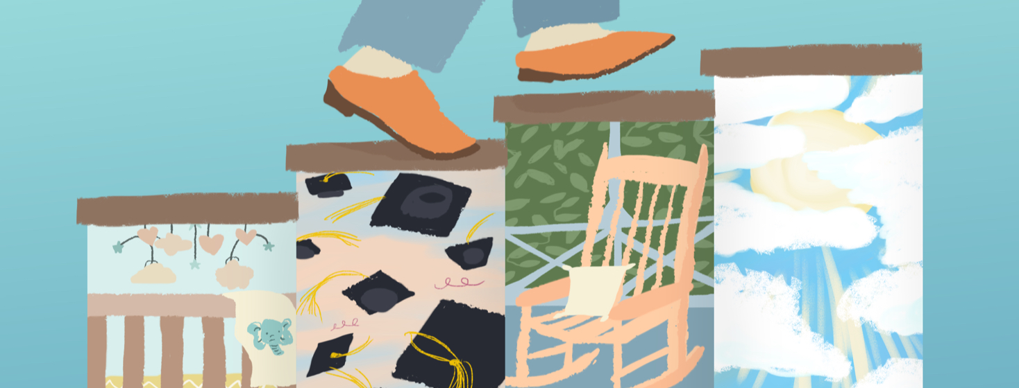 Person's feet are going up a staircase of life milestones, including a baby's crib, graduation hats in the air, a rocking chair on a porch, and a sun shining between clouds to reflect uncertainty about the future.