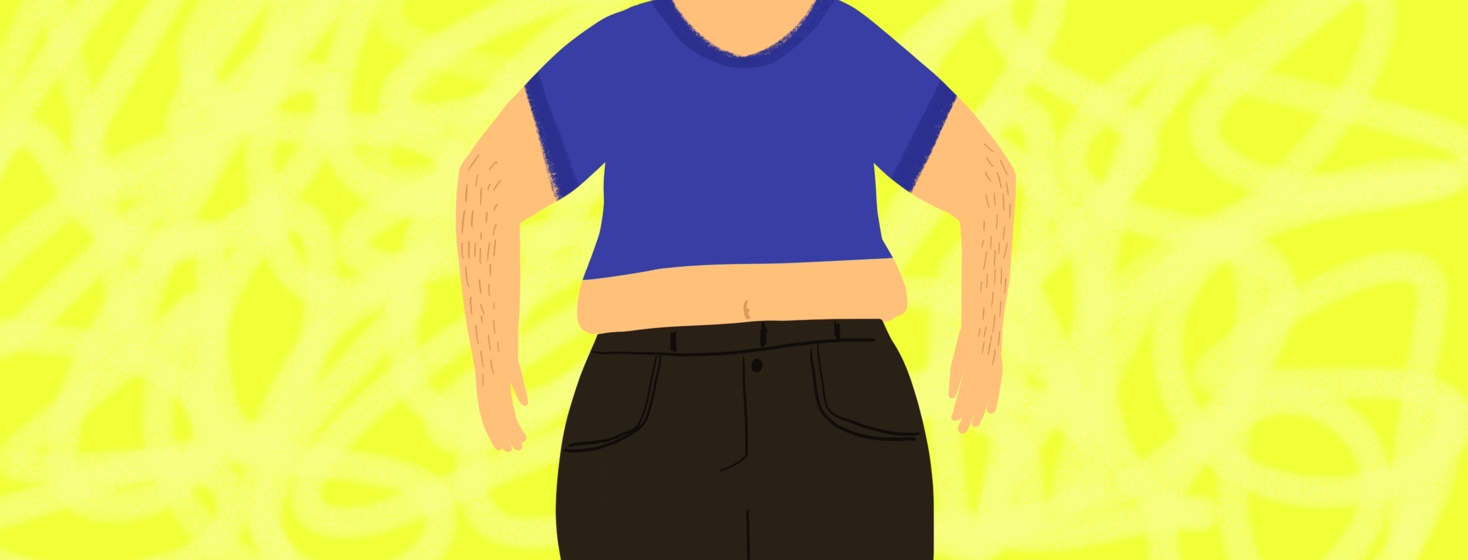 A person struggles to fit into their old clothes