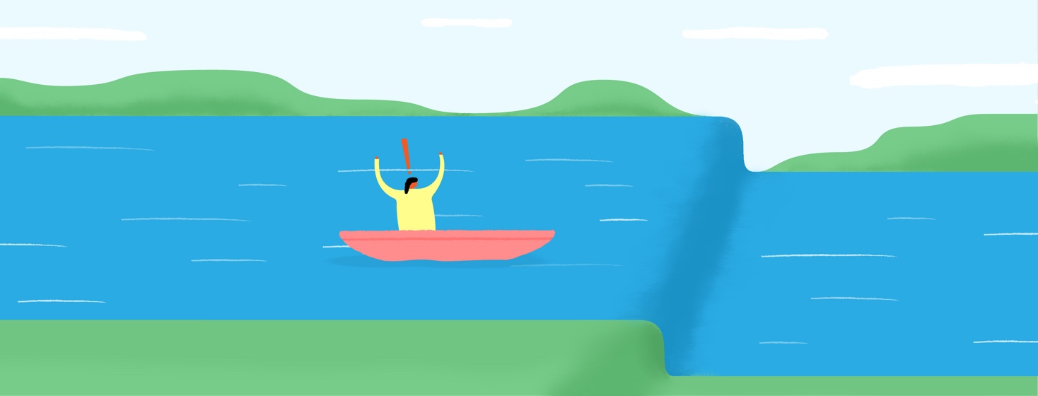 woman in canoe approaching a tiny waterfall scared