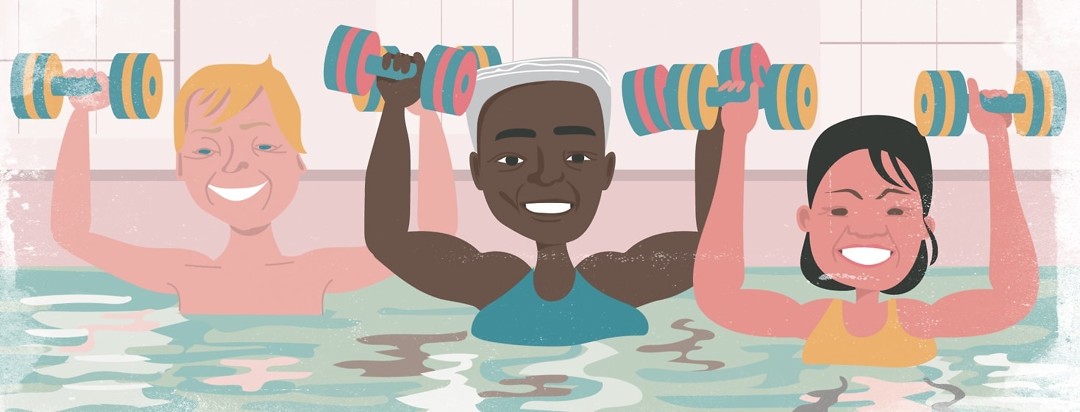 a man and two women do water aerobics and make muscles while they smile