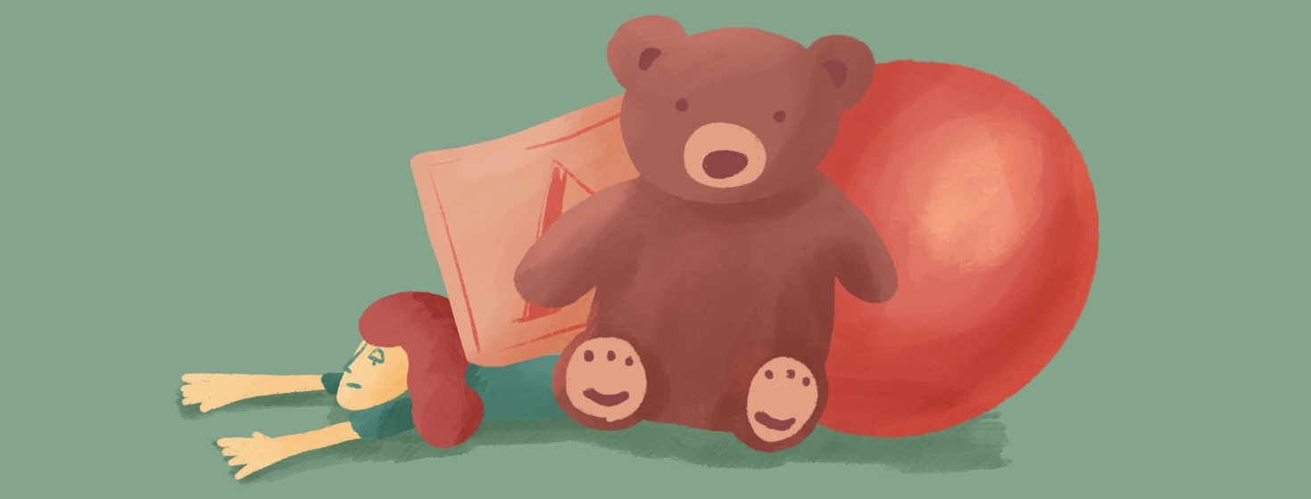 A woman is crushed by a giant block, teddy bear and ball