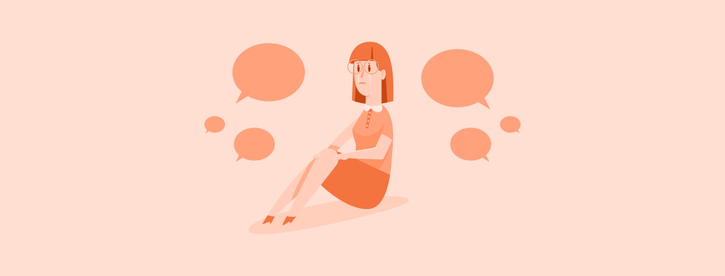 A woman cries as speech bubbles talk about her