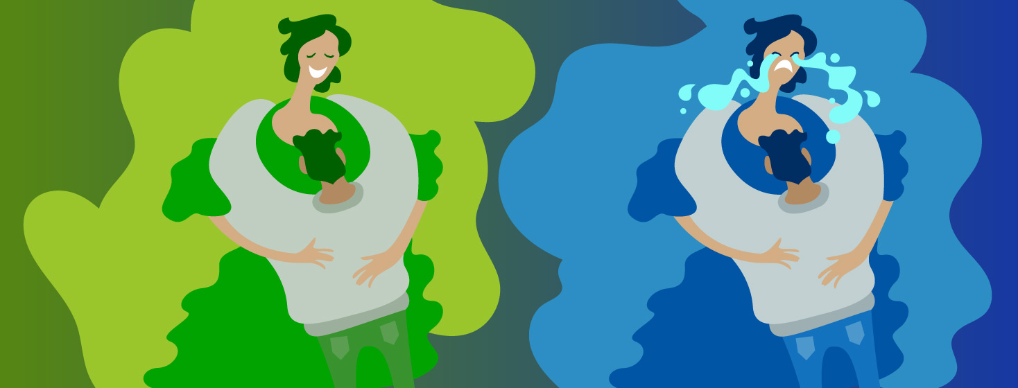 Side by side illustration of a happy mother and child hugging at college drop off and a crying woman hugging her child.