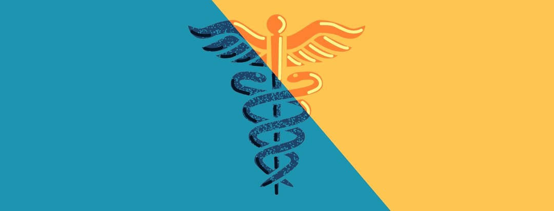 A caduceus symbol is split in two where one side is shiny and one side is ditry