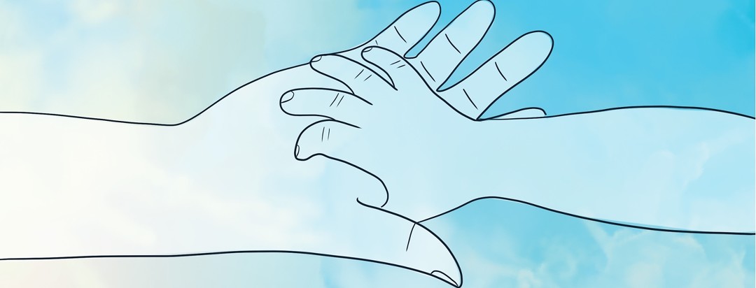 Parent and child's hands shown holding each other with the sky in the background