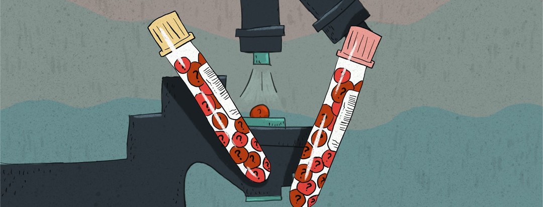 2 blood vials with question marks on each drop, blood being examined through a microscope