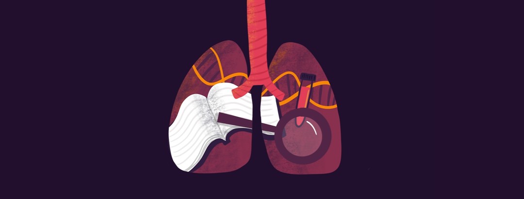 A book, a magnifying glass, a blood test tube and double helix are inside of a pair of lungs