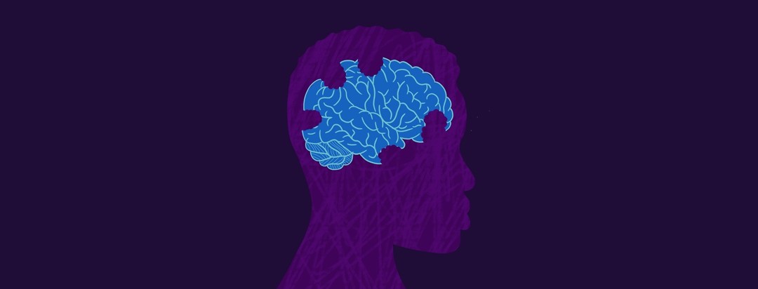 Silhouette of a person and their brain, where then brain has bite marks taken out of it