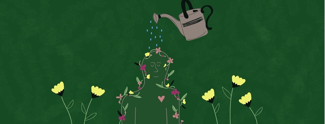 Outline of person covered in flowers being watered by watering can