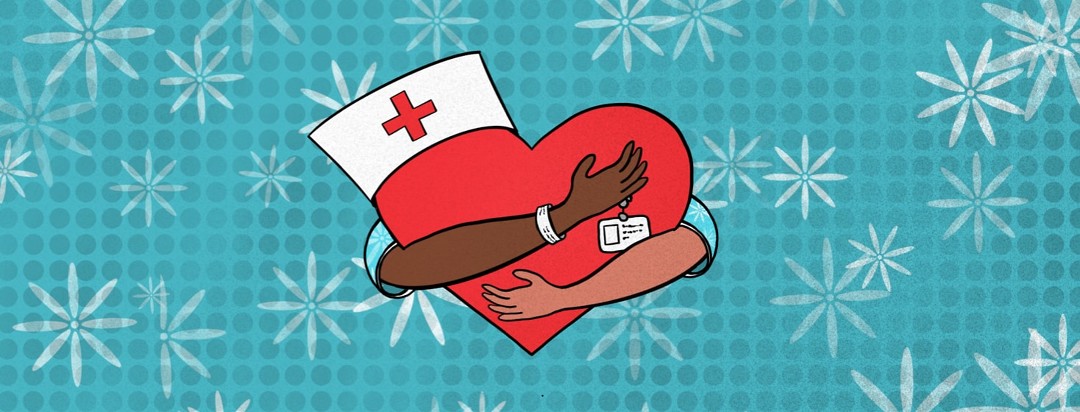 Arms with hospital gowns on hugging a heart with a nurse's hat and badge