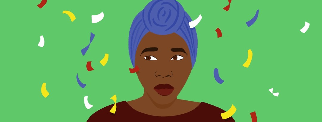 A woman in a head scarf looks unsure as confetti rains down on her