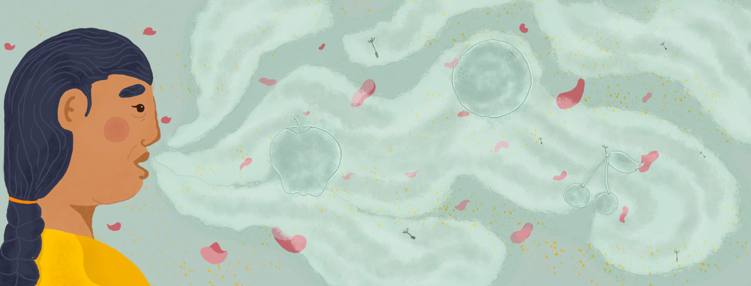 A person breathing strongly and confidently despite all of the allergens in the air. A ghosted apple, orange, and cherry represent a breathing technique.