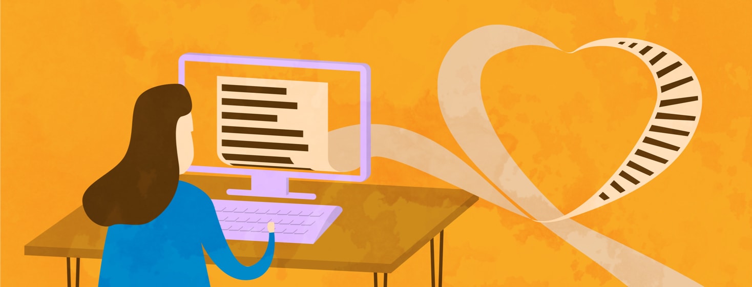 A woman typing a poem that is turning into a heart