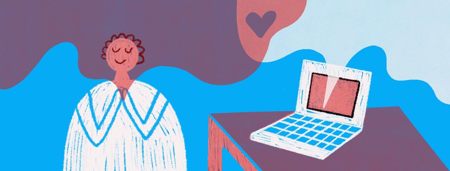 Woman praying with a smile on her face, a red haze emerges from her prayer hands while a white haze emerges from a laptop nearby. The red and white hazes overlap with a heart.