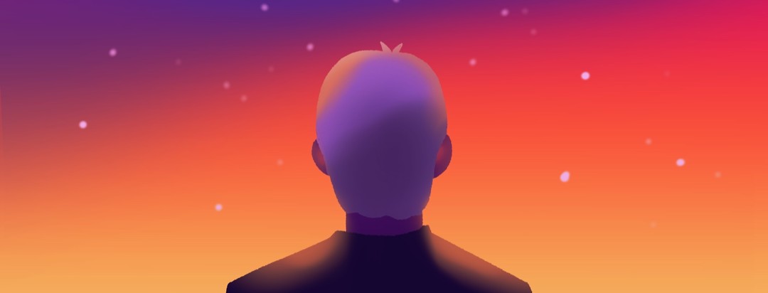 Alex Trebek standing in front of the Jeopardy sunset background