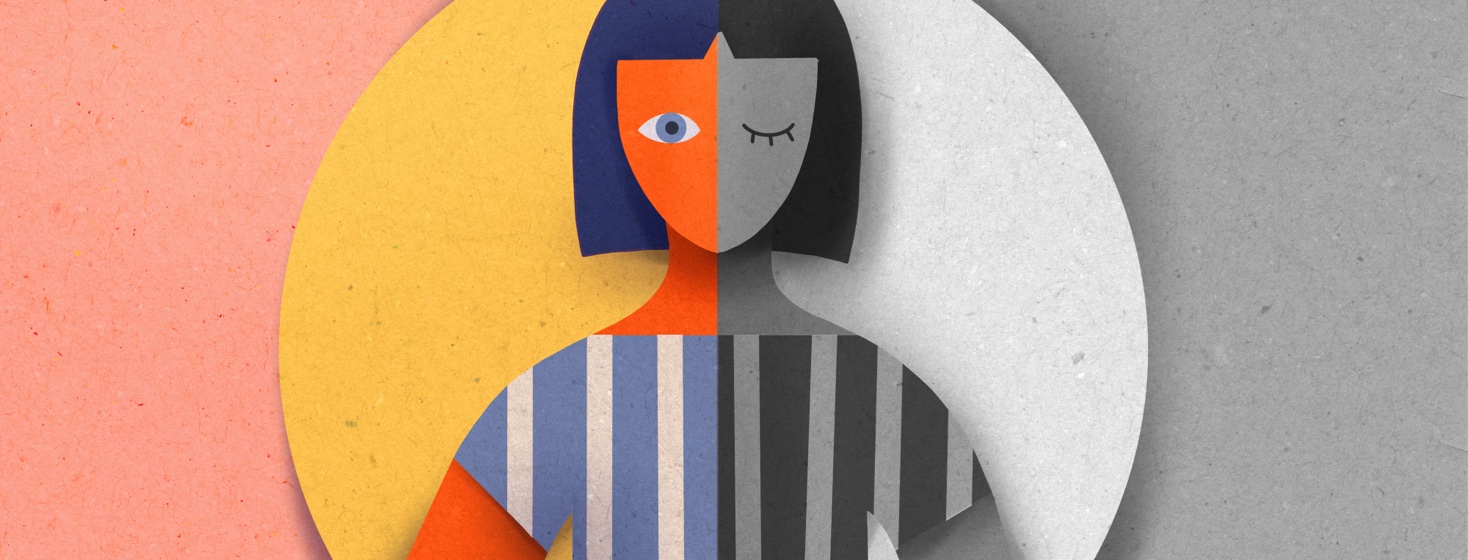 A woman with the left side of her body in greyscale