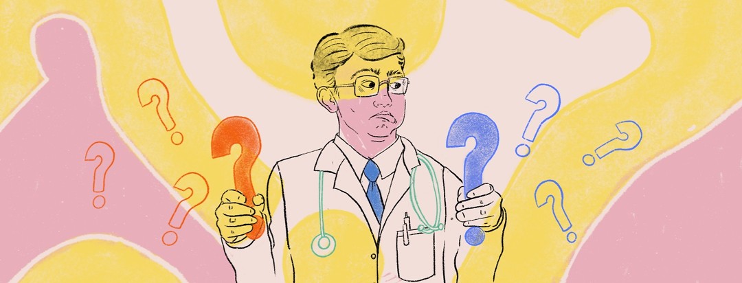 Doctor puzzled, holding up question marks