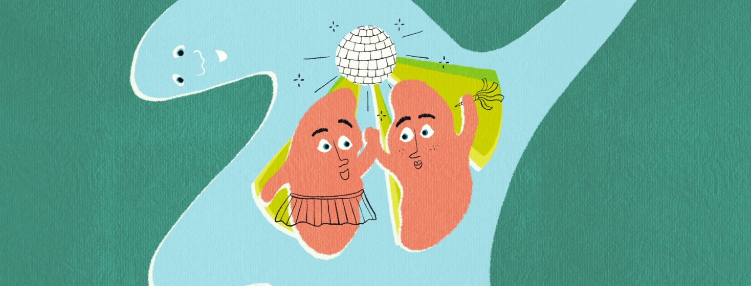 Person looking inside themself at their lungs dancing with a disco ball and lights in the background