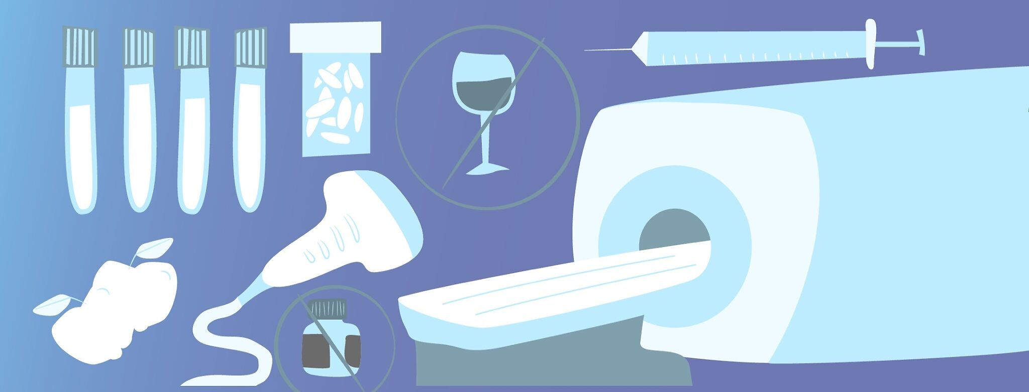 An image showing an MRI, injections, and food and water with a cross through them