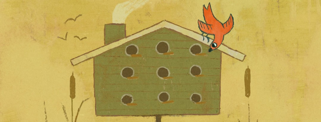 A bird looking into a large birdhouse with many rooms, all of the empty