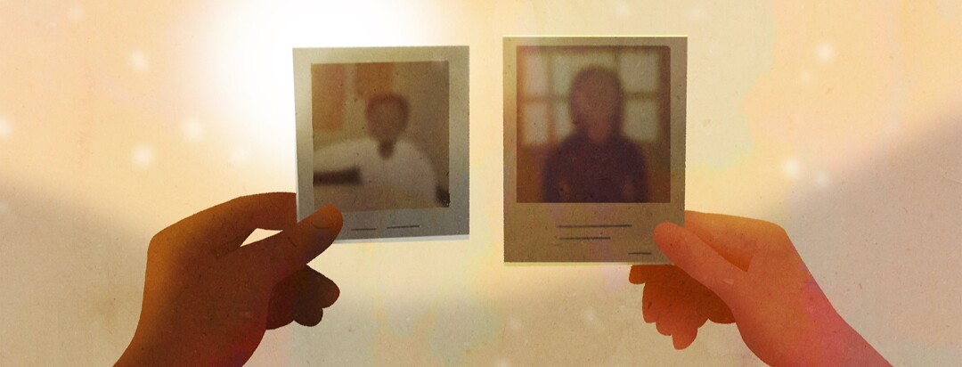 A brown hand and a caucasian hold up old polaroids of family members