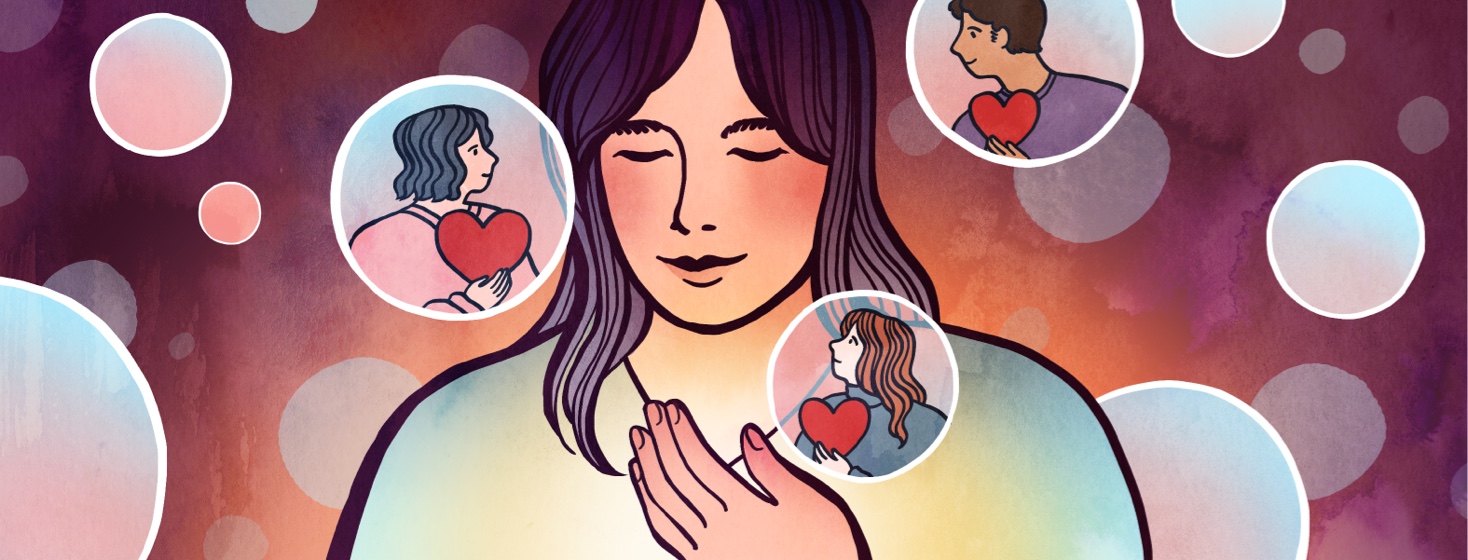 A woman is surrounded by bubbles containing the silhouettes of her friends