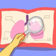 A magnifying glass examines an image of lungs
