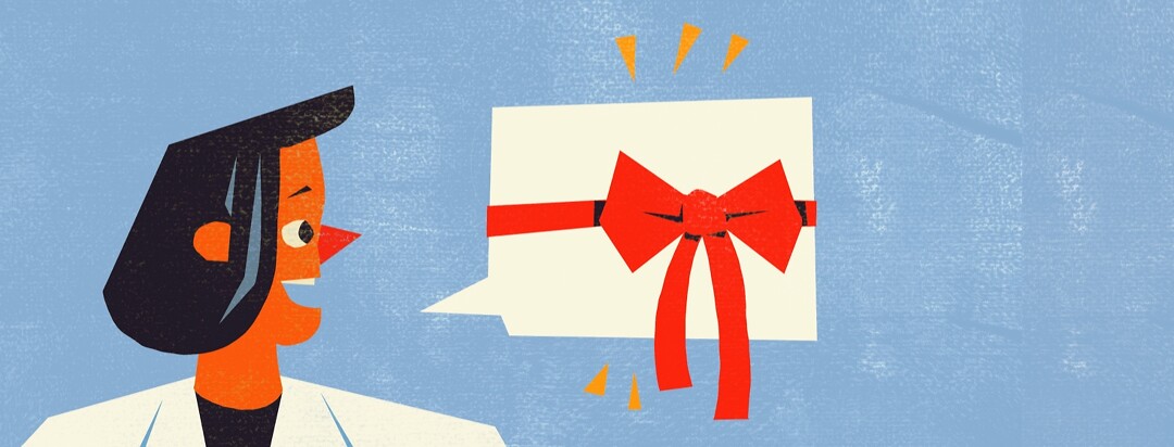 A doctor's speech bubble is wrapped in a gift ribbon