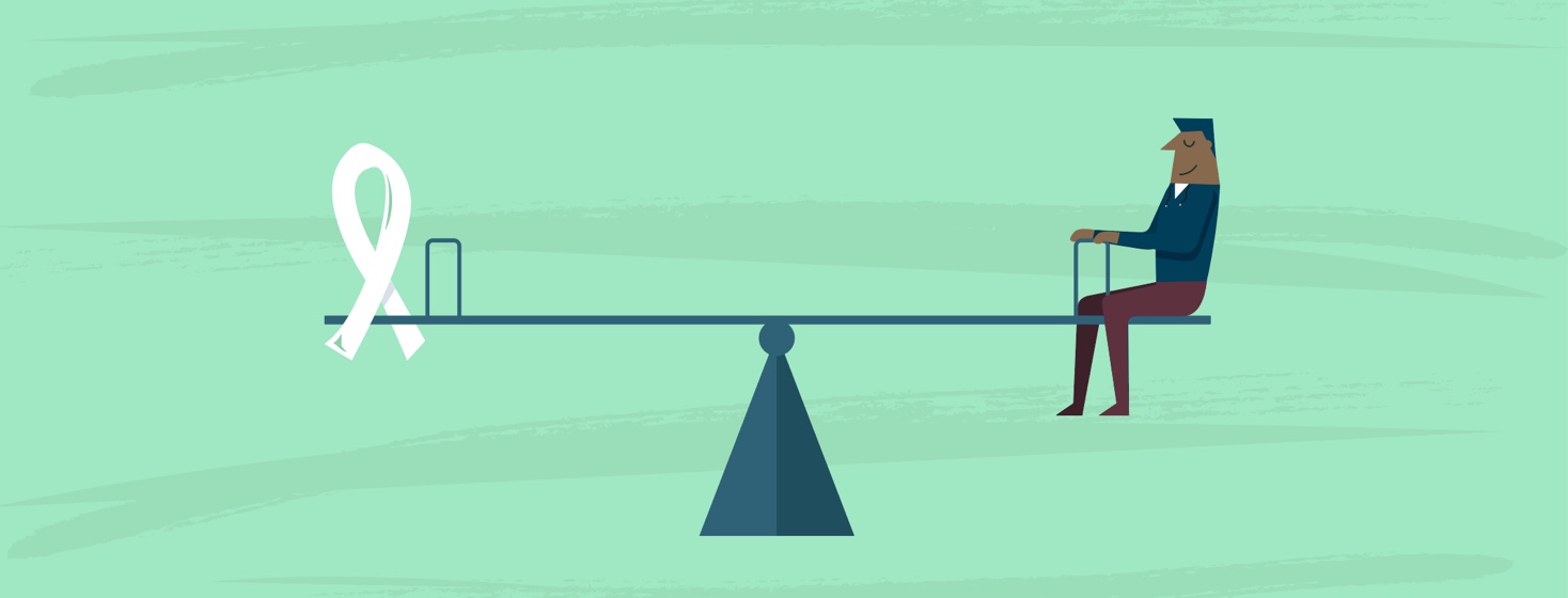 A man sits on a balanced see-saw with a Lung Cancer ribbon on the other seat